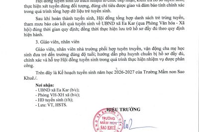 Kế hoạch tuyển sinh năm học 2026-2027 của trường Mầm non Sao Khuê